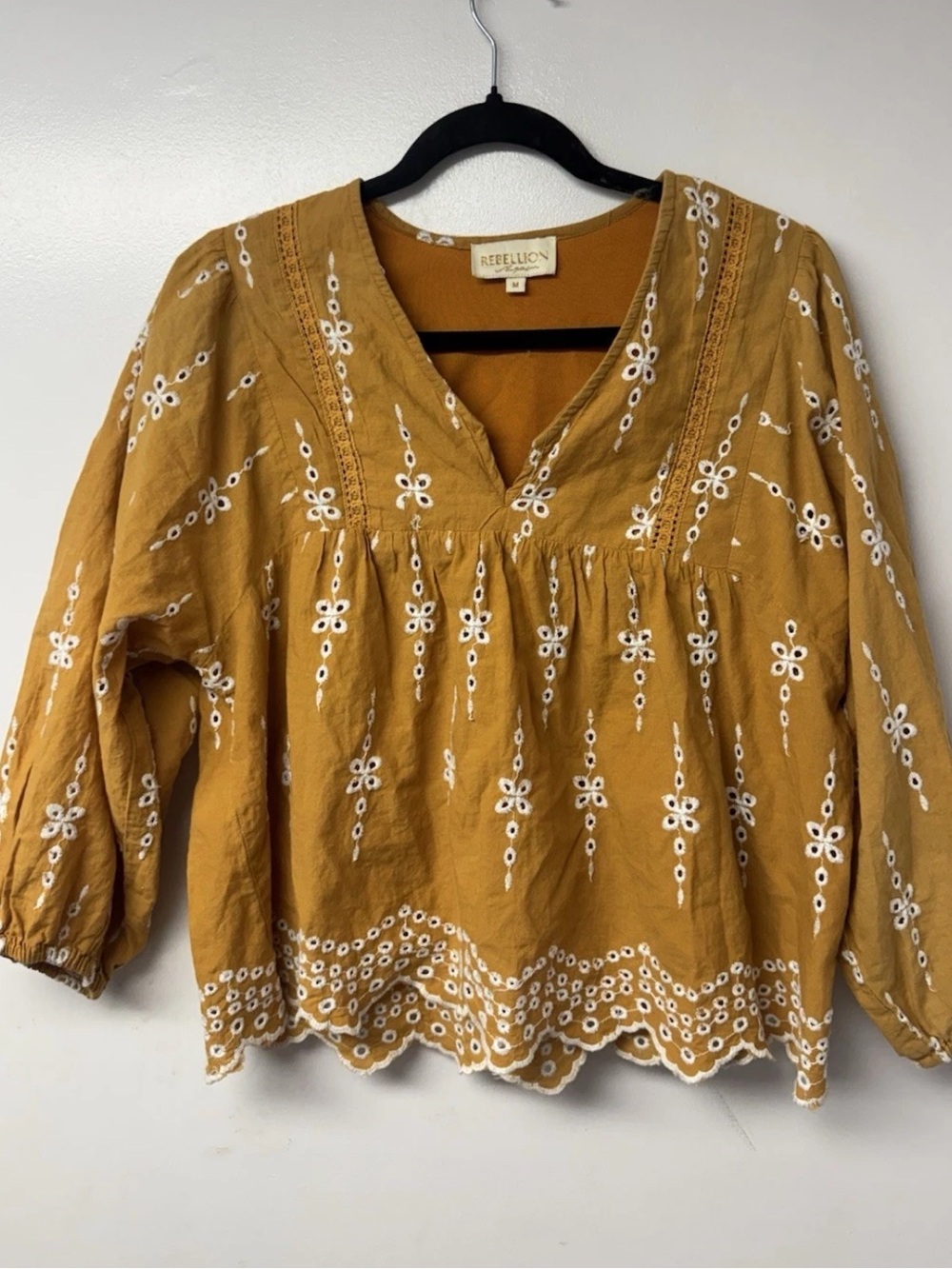 Rebellion Again Mustard Embroidered Eyelet Western Boho Peasant Blouse Medium C2 - Picture 3 of 10